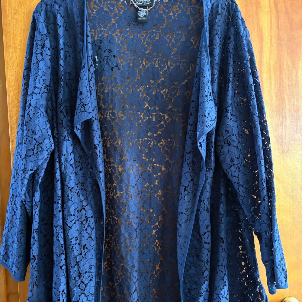 (Catherine’s) Women's Navy Blue Lace Cardigan Topper — Size 2X